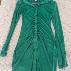 Green Button-Up Long Sleeve Dress